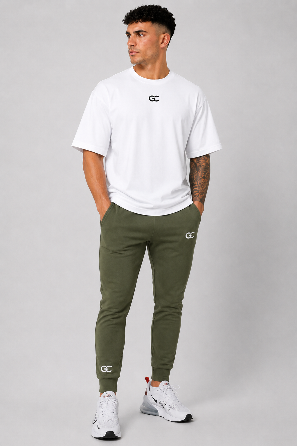 GC JOGGER&OVERSIZE TEE-OLIVE GREEN&WHITE