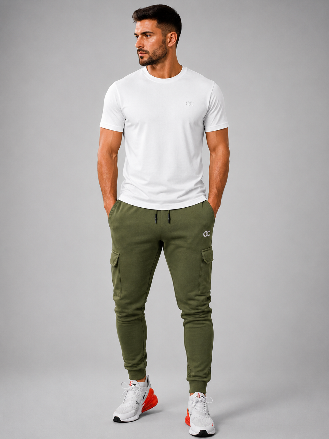 GC CARGO&SIGNATURE TEE SET-IN OLIVE GREEN&WHITE