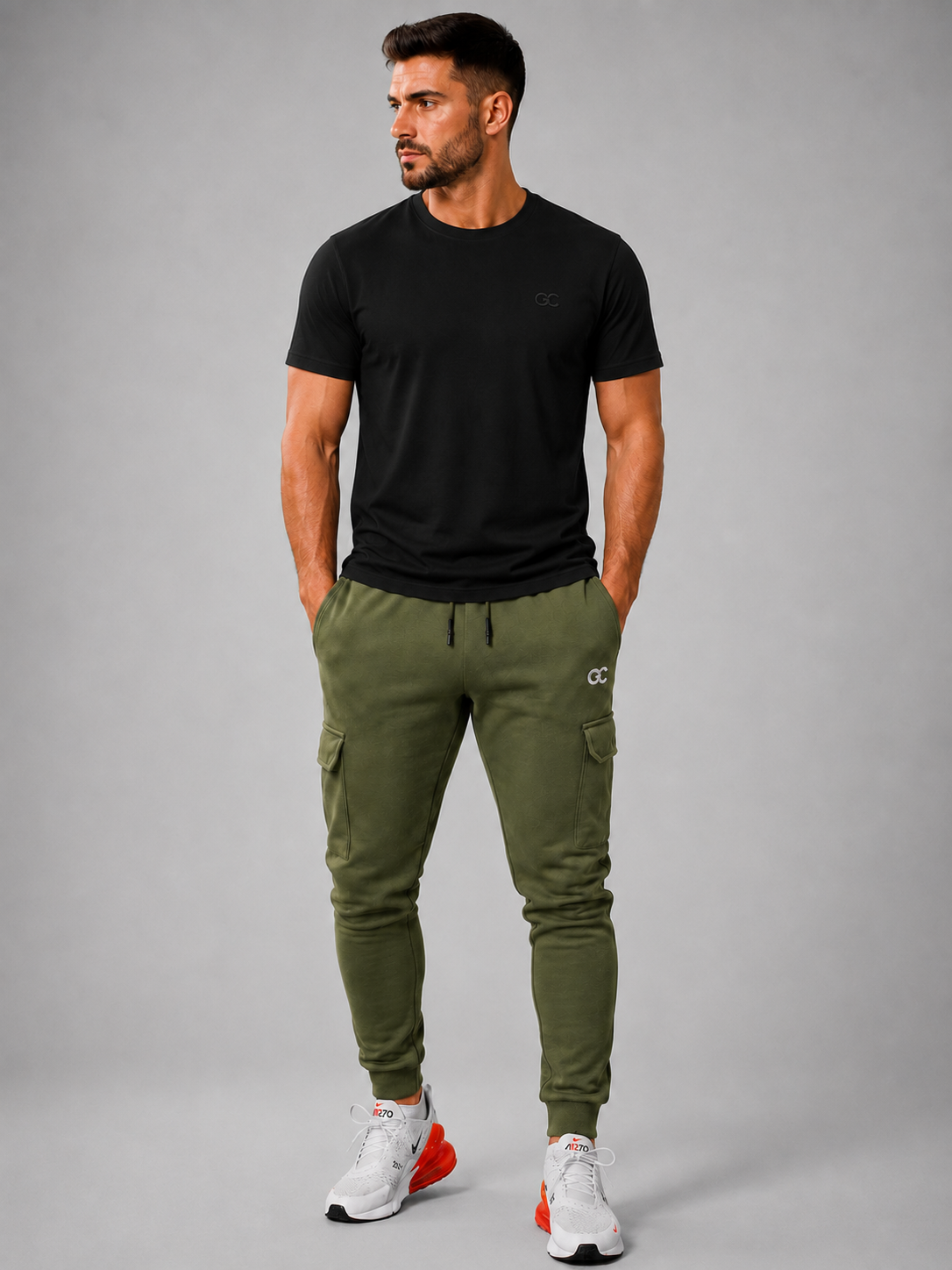 GC CARGO&SIGNATURE TEE SET-IN OLIVE GREEN&BLACK