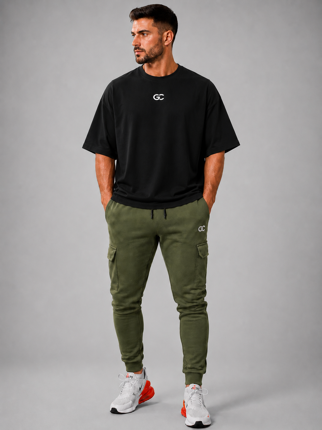 GC CARGO&OVERSIZE TEE SET-IN OLIVE GREEN&BLACK