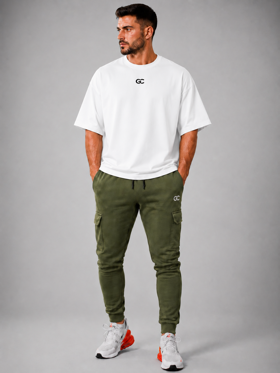 GC CARGO&OVERSIZE TEE SET-IN OLIVE GREEN&WHITE